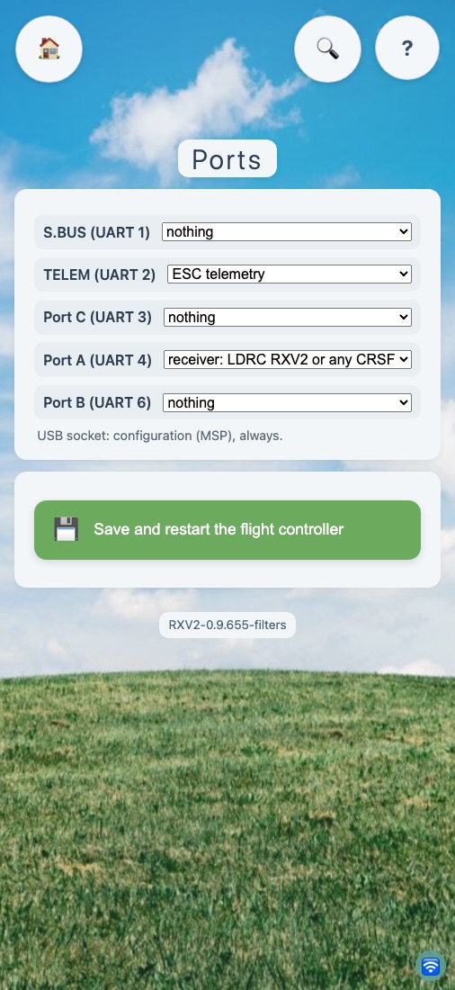 The app's Ports page on a Nexus-X, with Port A set to receiver and TELEM to ESC telemetry